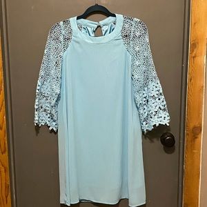 Light blue summer dress with lace floral sleeves, size M, flowy